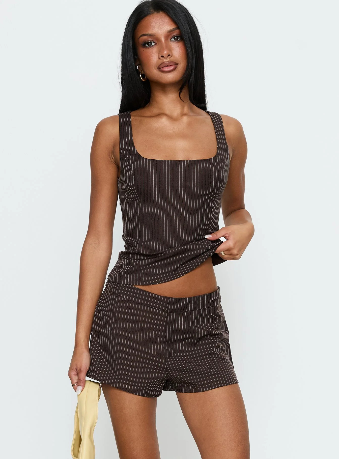 Party Invitations Tailored Shorts Brown Pinstripe | Princess Polly US