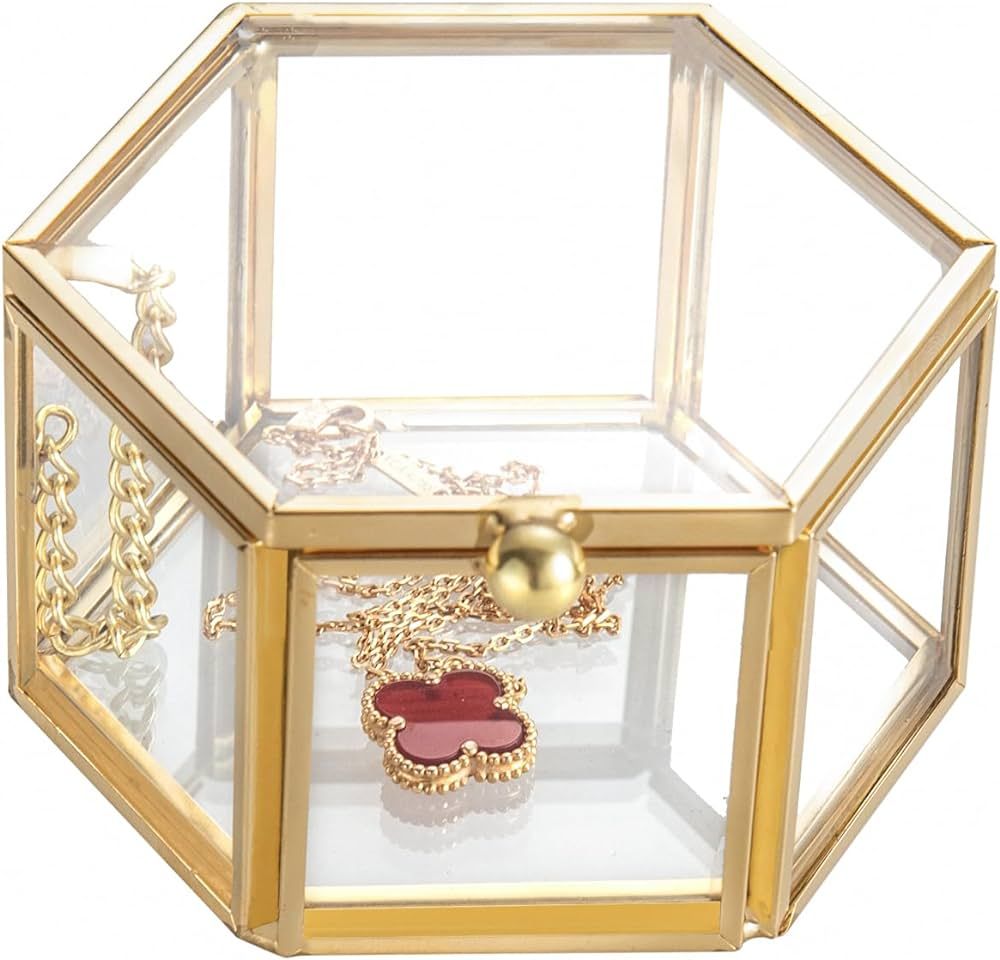 Feyarl Small Gold Glass Jewelry Trinket Tiny Box Ornate Ring Earring Display Box Keepsake Organiz... | Amazon (US)
