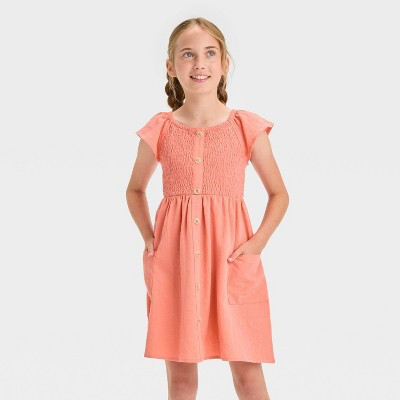 Girls' Short Sleeve Smocked Woven Dress - Cat & Jack™ Dusty Coral L | Target