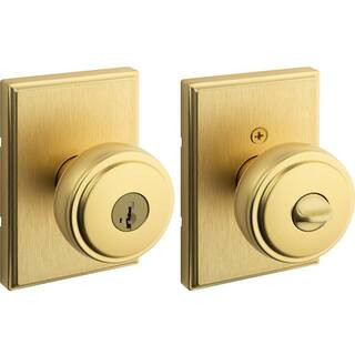 Sora Satin Brass Keyed Entry 2.19 in. Rectangle Rose Round Door Knob Featuring SmartKey Security | The Home Depot