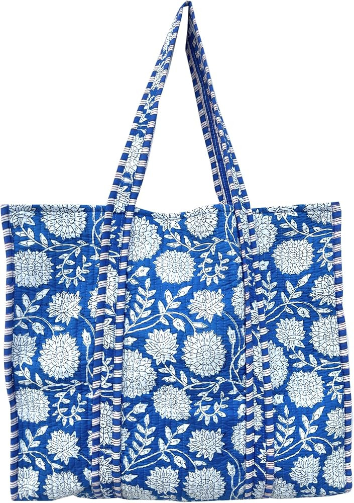 Quilted Cotton Handprinted Reversible Large multicolor Floral Tote Bag,Hand Block Print Shopping ... | Amazon (US)