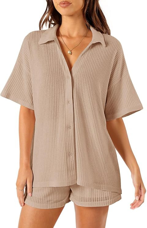 Tankaneo Womens Ribbed Knit 2 Piece Pajama Sets Button Down Short Sleeve Tops and Shorts Set Summ... | Amazon (US)