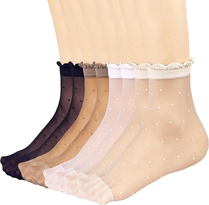 Mcool Mary 12 Pairs Women's Sheer Ruffled Socks Frilly Ankle High Nude Nylon Stocking Ultra Thin ... | Amazon (US)