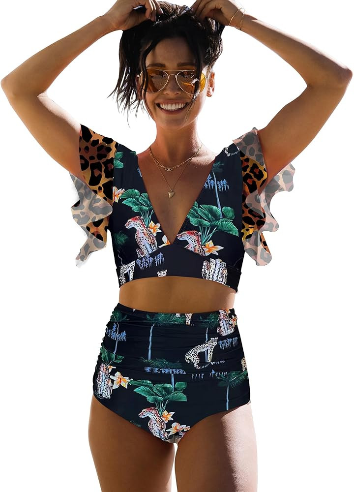 SPORLIKE Women Ruffle High Waist Swimsuit Two Pieces Push Up Tropical Print Bikini | Amazon (US)