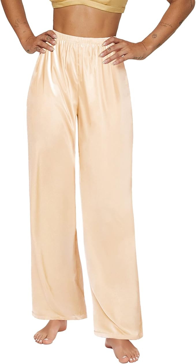 SWOMOG Women's Silk Satin Pajama Pants Longs Silky Sleep Pants Loungewear Trousers Elastic Waist ... | Amazon (US)