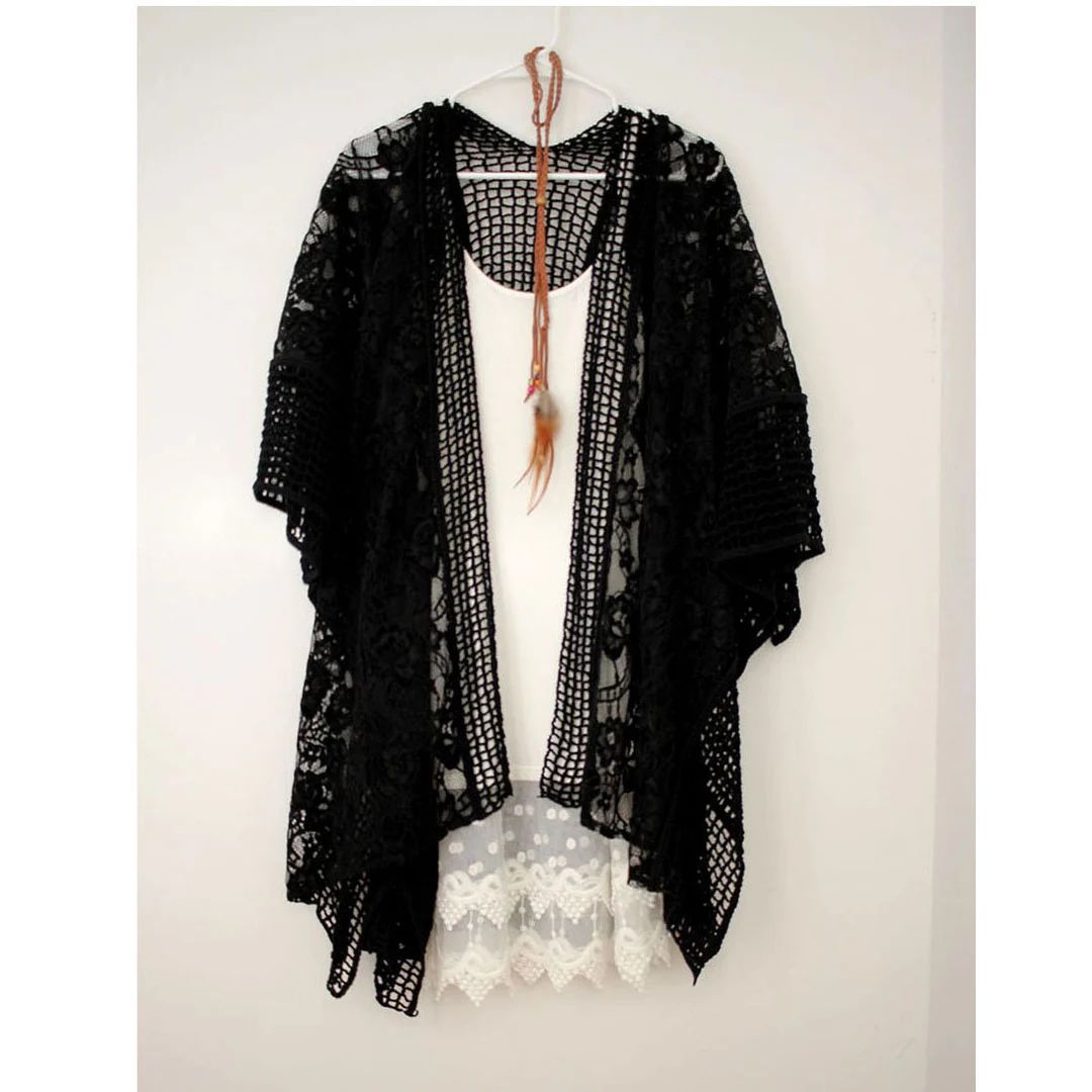 Kimono, Crochet Knit Lace Black Boho Women Kimono Cardigan | Etsy (US)
