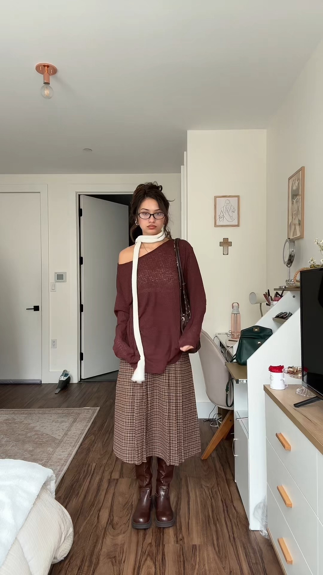 #fall #fallootd #nycfits #fallboots #skinnyscarf #longplaidskirt #longskirt #sweater #fakeglasses #fallboots #cider 

#LTKStyleTip #LTKPetite