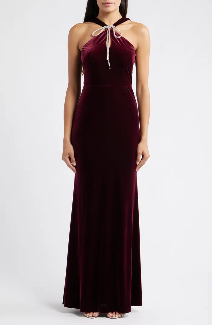 Bow Halter Neck Velvet Gown | Nordstrom