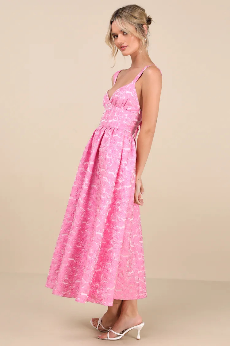 Rudra Pink Floral Jacquard A-Line Backless Midi Dress | Lulus