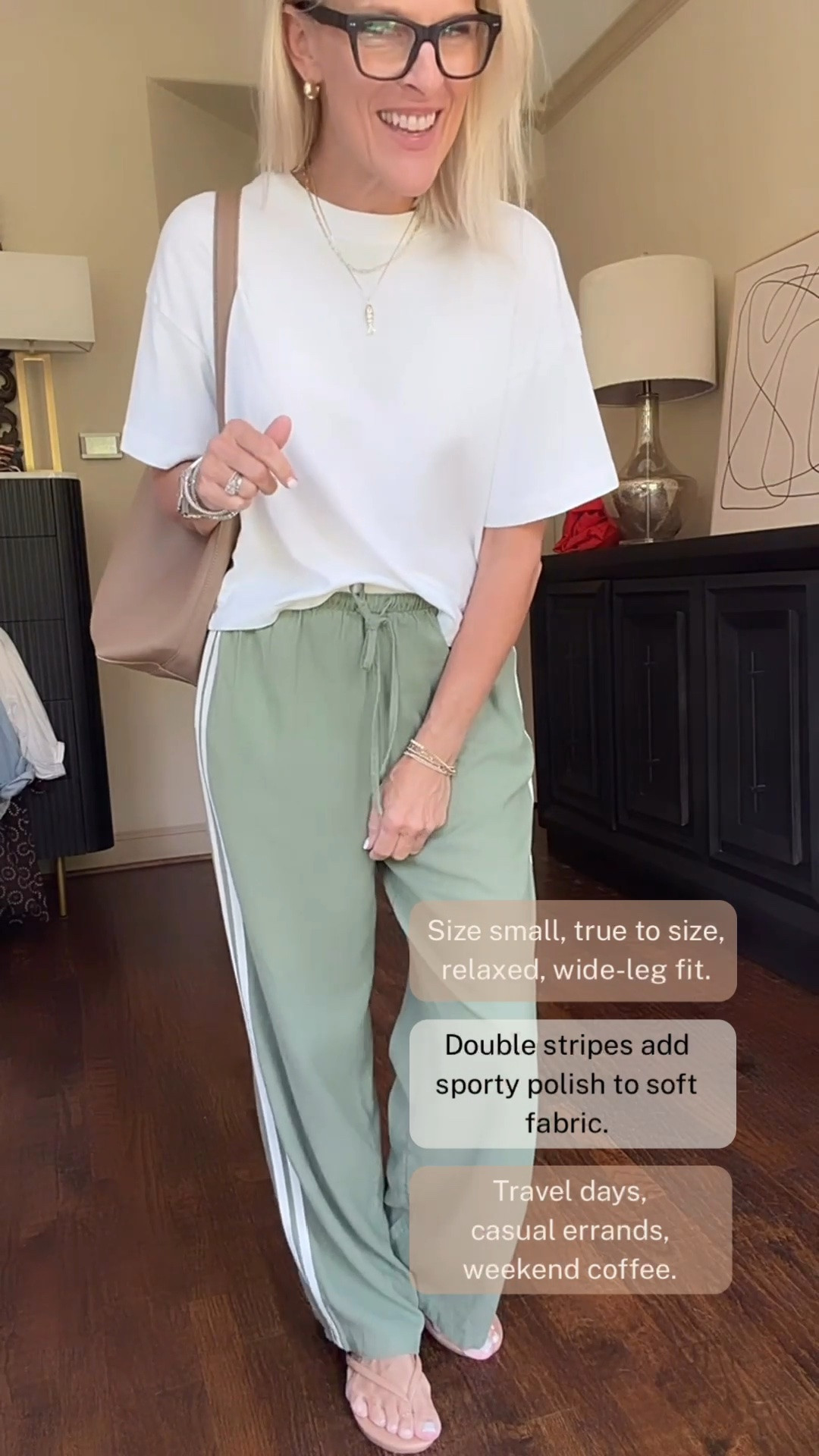 These green wide-leg pants are such an easy way to make casual dressing feel a little more polished. I love the soft fabric, relaxed wide-leg fit, and double side stripes, they’re comfortable enough for travel and errands but still look pulled together with a simple white top. Wearing a small, true to size.

💡 LTK MADE EASY
❤️ Heart = Support my posts!
🔖 Save = Get sale & restock alerts
📋 Lists = Keep favorites organized
📲 Share = Send lists and products to a friend. Hello, Christmas List!
💬 Comment = Ask me anything about what I’m wearing. :-)

#LTKOver40 #LTKootd