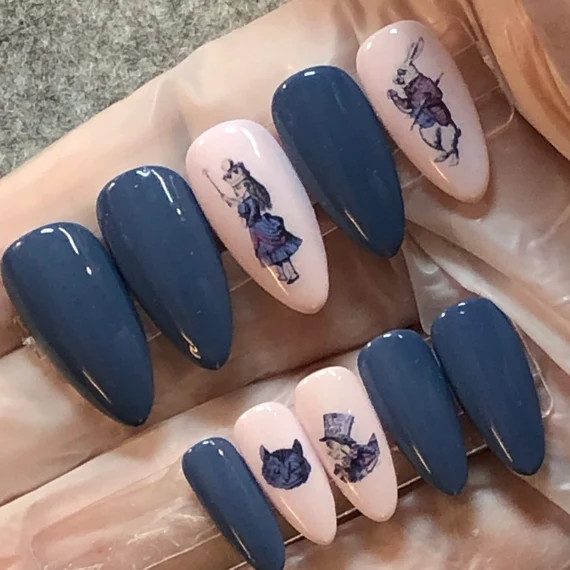 Vintage Alice in Wonderland, 20 Nails, Glossy, Pre-buffed, Cobalt Blue, Light Pink, Mad Hatter | Etsy (US)