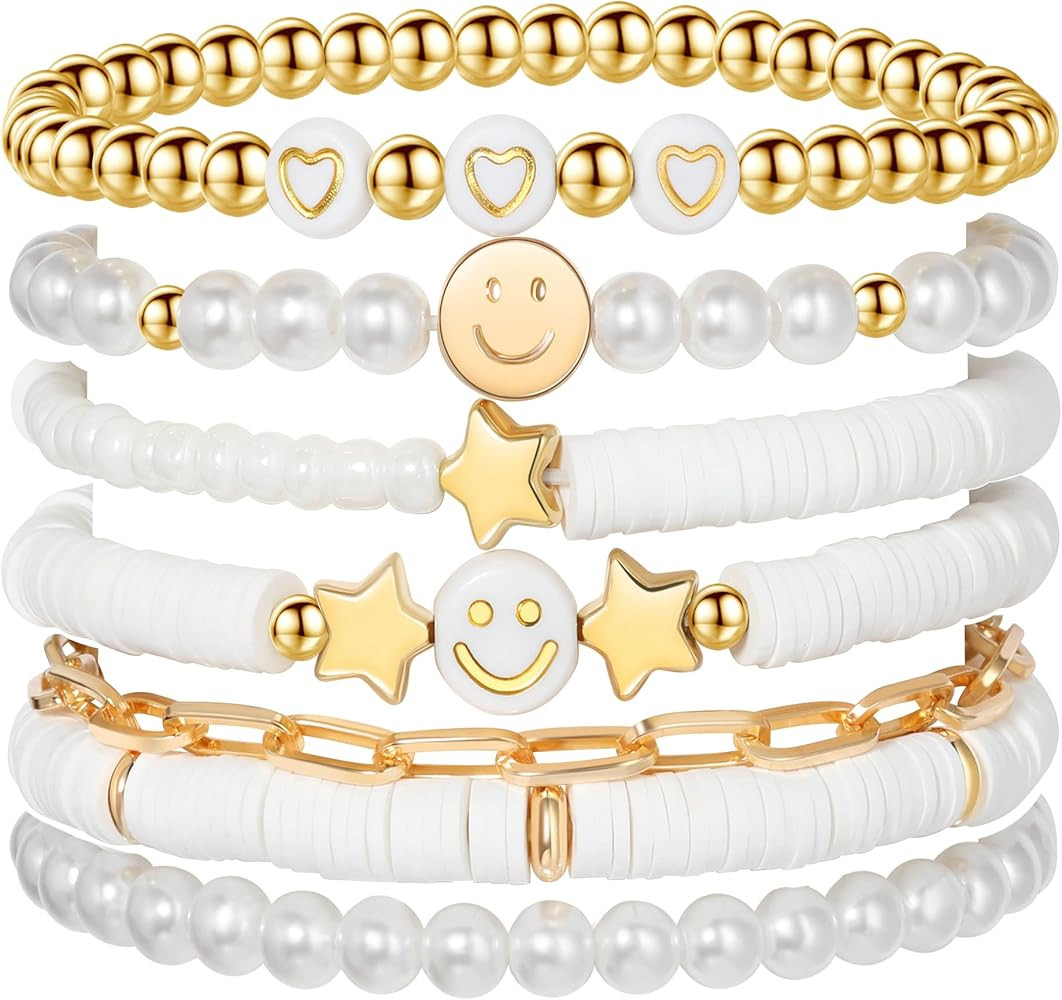 Preppy Bracelets Set Colorful White Gold Smile Heart Star Polymer Beaded Pearl Clay Stackable Cha... | Amazon (US)