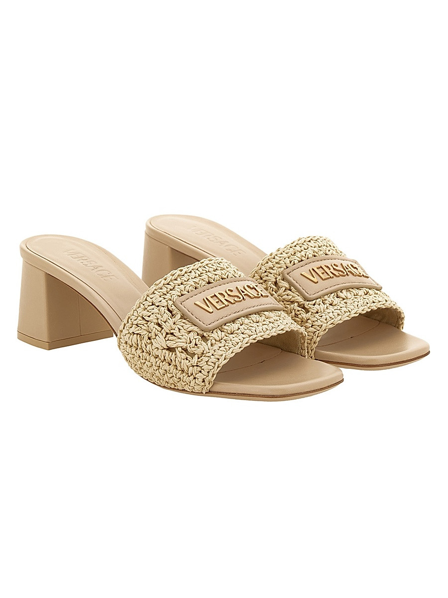 Women's 55MM Logo Leather Mules - Natural Ambrer Versace Gold - Size 5.5 | Saks Fifth Avenue