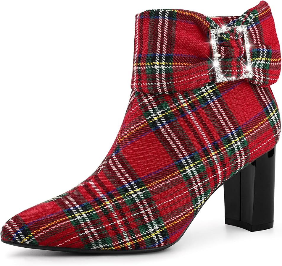 Perphy Plaid Pointy Toe Rhinestone Bow Zipper Chunky Heels Ankle Boots for Women | Amazon (US)