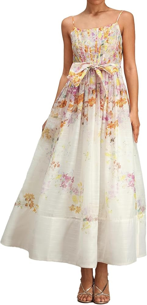 Bowknot Spaghetti Strap Printed Floral Empire Waist Dress for Women Midi Pleated Beach Dress | Amazon (US)