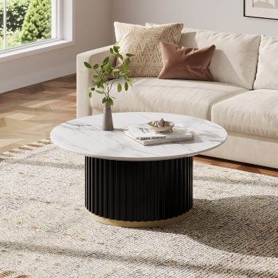 ModernLuxe Round Coffee Table with Fluted Pedestal Base, Sculptural Accent Table with Gold Metal Ring & Ash Wood Veneer, White | Target