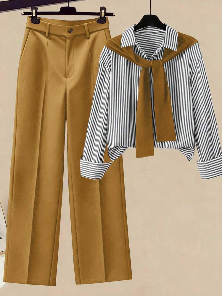 Franclia 2pcs/Set Women's Striped Shawl Collar Shirt And High Waist Wide Leg Pants, Spring/Autumn | SHEIN