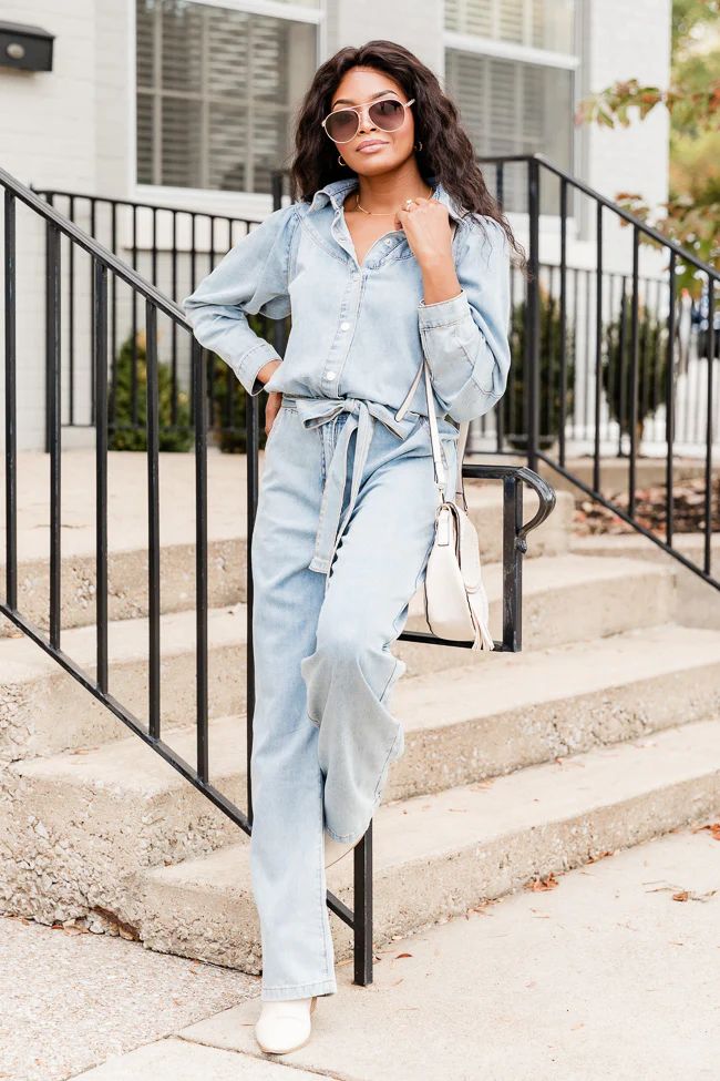 One More Time Long Sleeve Belted Denim Button Up Jumpsuit | Pink Lily