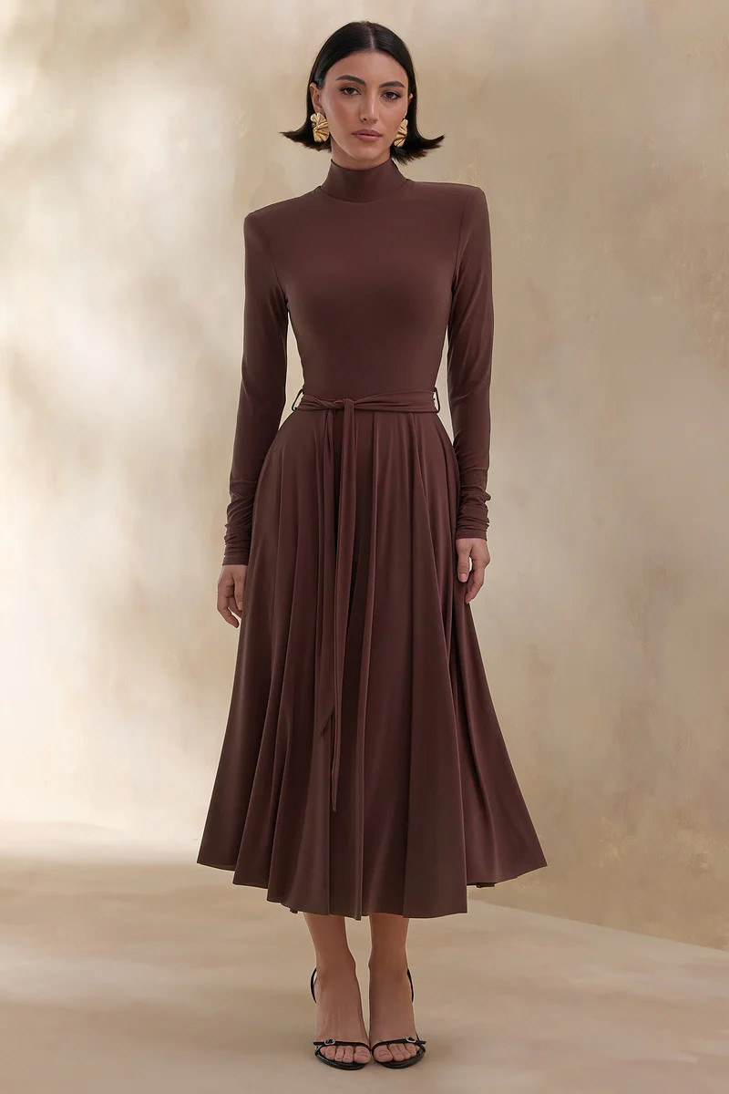 Opalia  Brown High-Neck Belted Midi Dress | Club L London