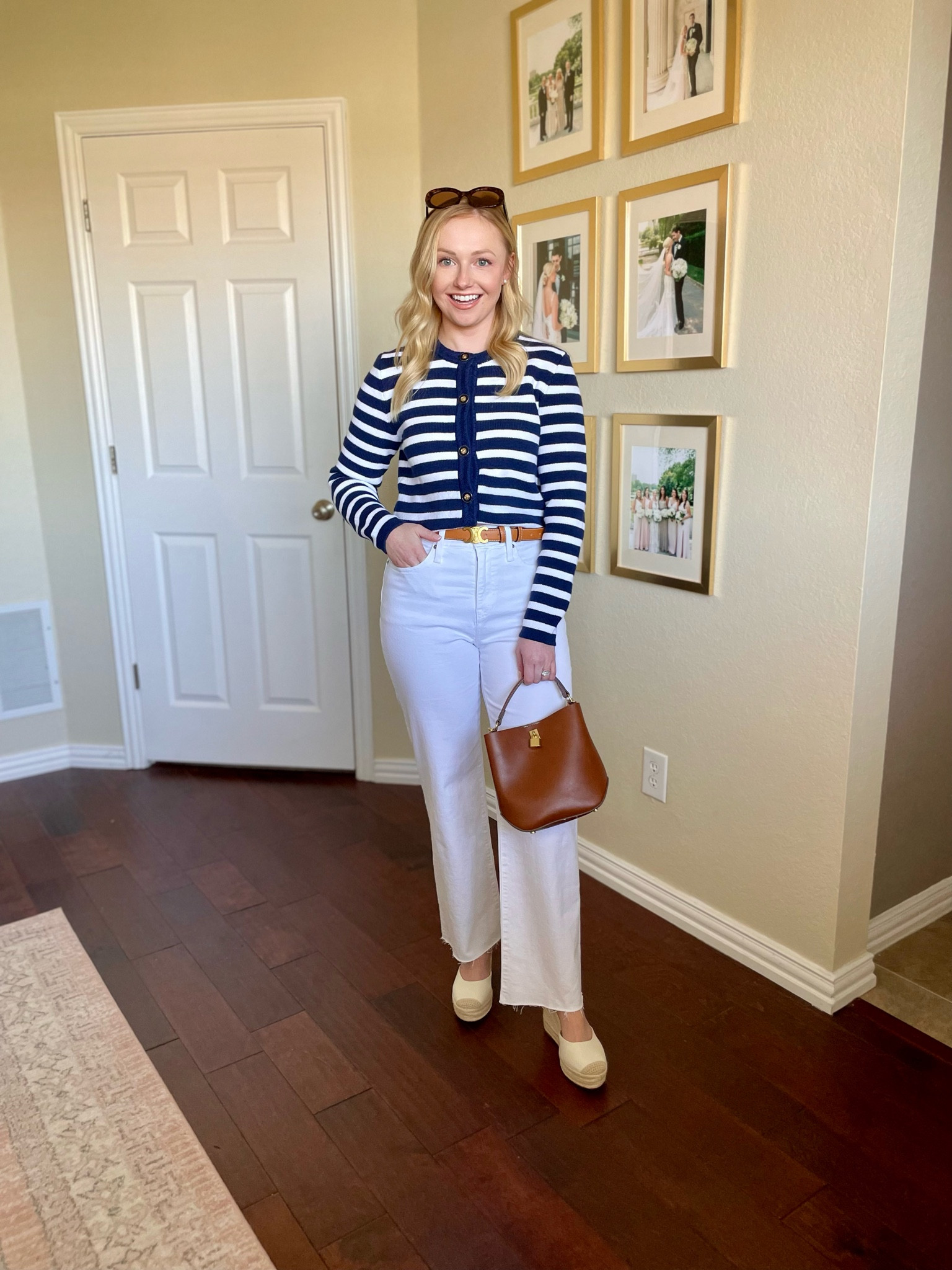 Coastal grandmother spring outfit! | white jeans, wide leg jeans, petite jeans, lady jacket, striped cardigan, spring outfits, wedges, espadrilles wedge 

#LTKfindsunder100 #LTKSeasonal #LTKstyletip