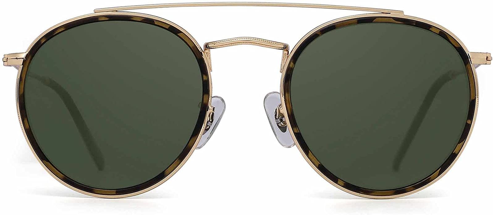 Amazon.com: JIM HALO Small Polarized Round Sunglasses for Women Vintage Double Bridge Frame (Gold... | Amazon (US)