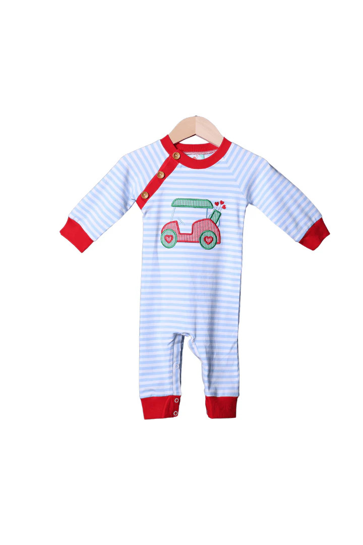 Applique Golf Heart Blue Stripe Romper | The Smocked Flamingo