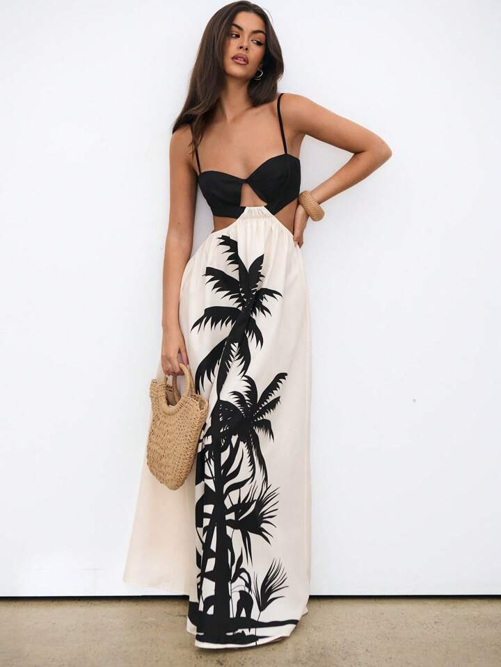 Aloruh Women Maxi Dress Bohemian Holiday Coconut Tree Printed Color Block Backless Dress Summer Dresses For Women | SHEIN