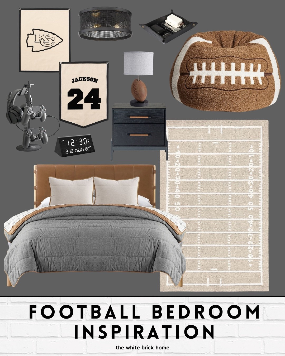 A fun, sophisticated football bedroom idea! 
🖤🖤

Boys room, boys bedroom, kids room, kids bedroom decor, kids bedroom theme, kids bedroom rug, boys room design, boys room bedding, boys room wall art, boys room accessories, boys room football, football bedroom, football room, football theme, home decor, kids bedroom design. Bed, nightstand, Wayfair bedroom, Wayfair bedroom decor, pottery barn teen bedroom 

#LTKFamily #LTKKids #LTKHome