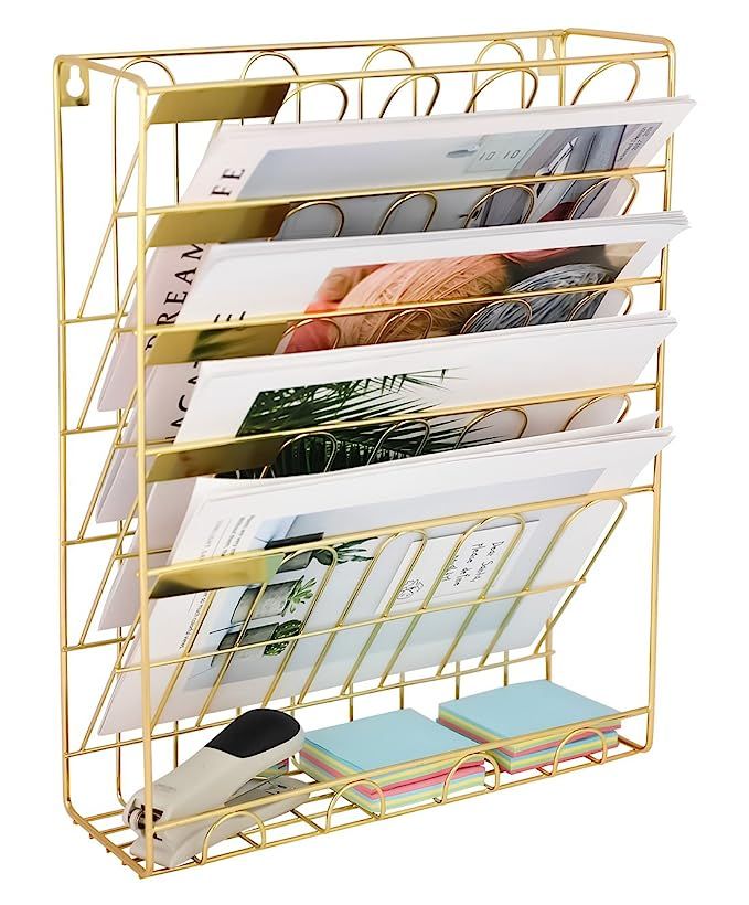 Superbpag Hanging Wall File Organizer, 5 Slot Wire Metal Wall Mounted Document Holder for Office ... | Amazon (US)