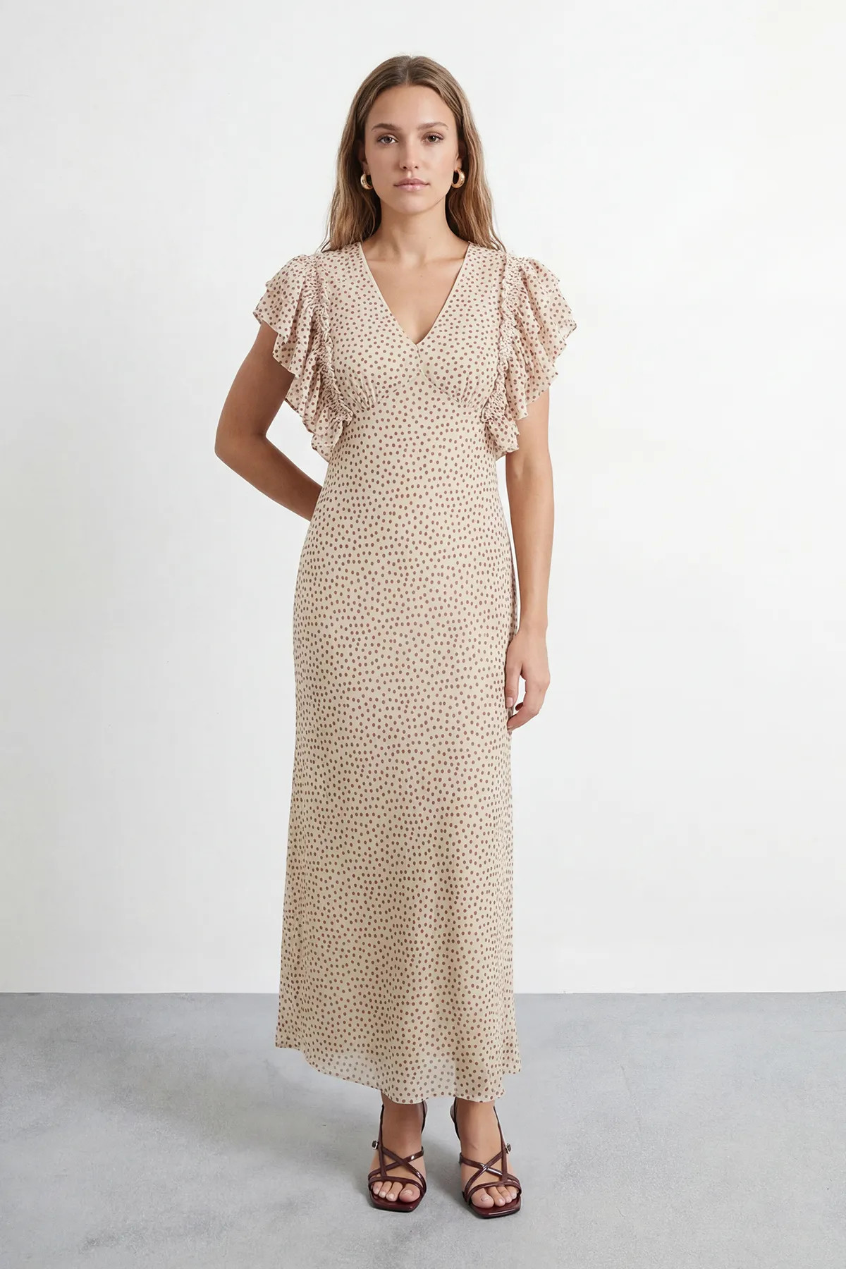 Ivory Warehouse Petite Polka Dot Print Ruffled Sleeve V Neck Maxi Dress | Karen Millen | Karen Millen UK + IE + DE + NL