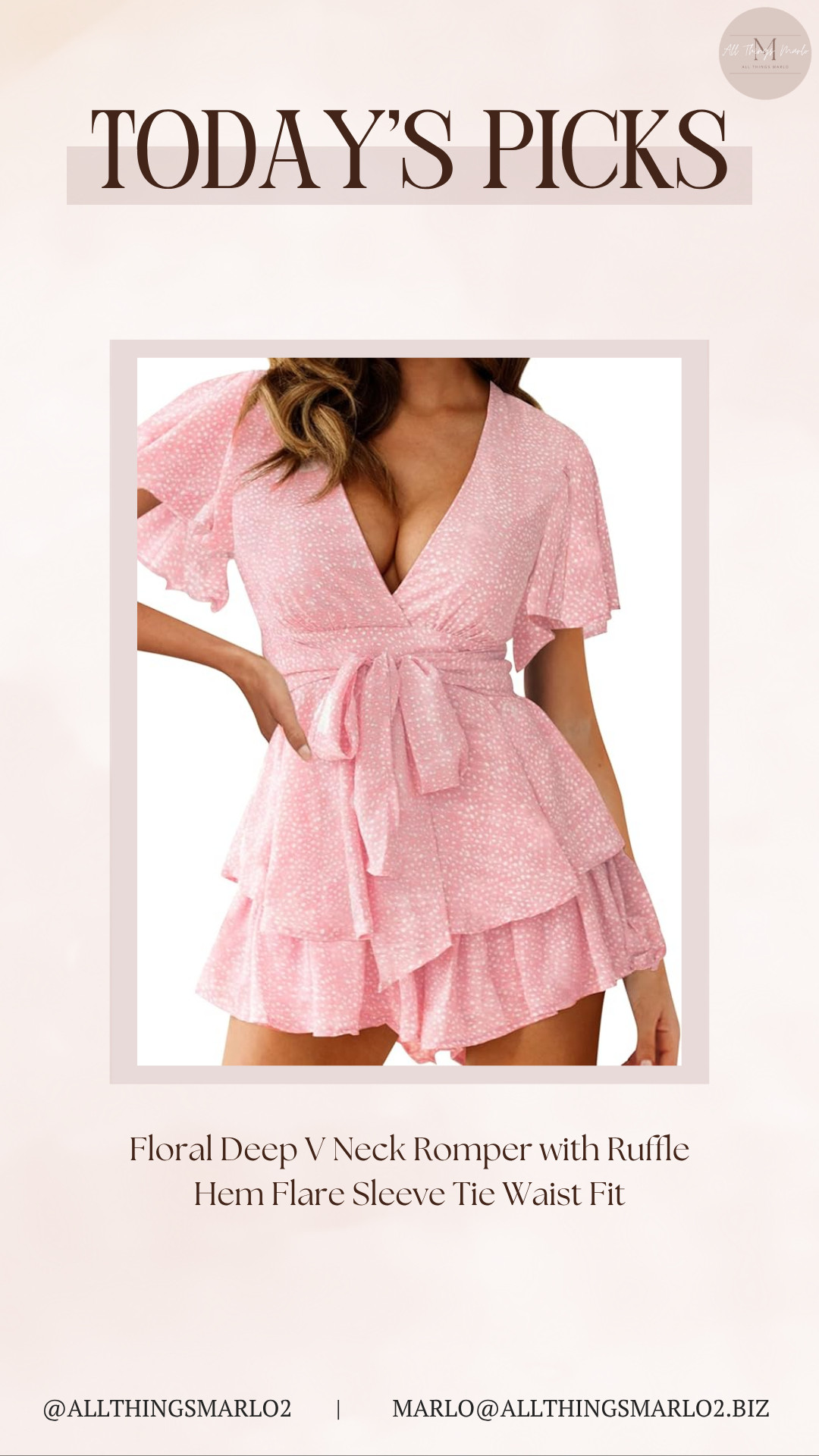 Floral Deep V Neck Romper with Ruffle Hem Flare Sleeve Tie Waist Fit 

 #LTKSeasonal #LTKWorkwear #LTKTravel