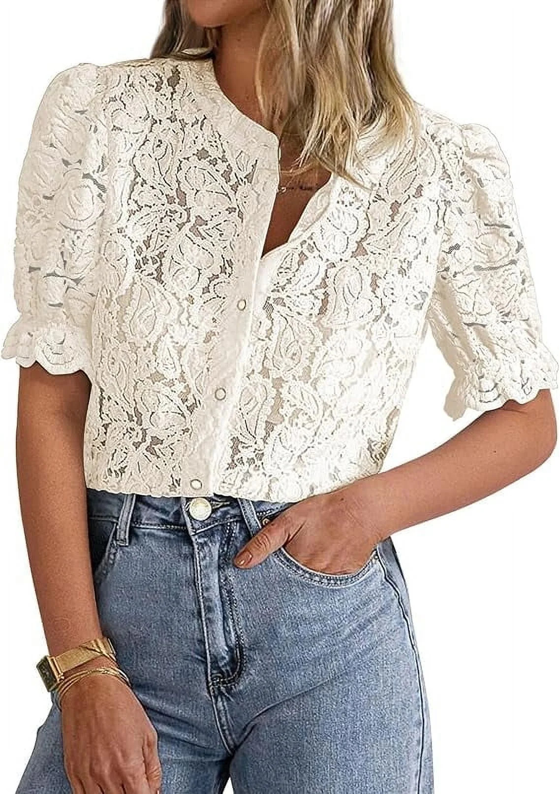 PRETTYGARDEN Womens Summer Lace Tops Short Puff Sleeve Casual Dressy Blouses Eyelet Crew Neck But... | Walmart (US)