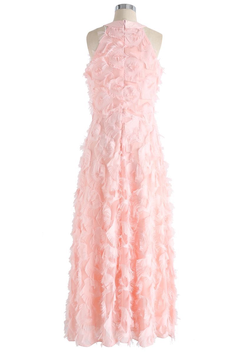 Dancing Feathers Tassel Halter Neck Maxi Dress in Pink | Chicwish