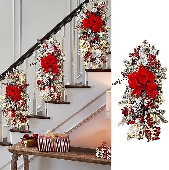 LKWJY The Cordless Prelit Stairway Swag Trim,Christmas Swag Wreaths for Front Door Holiday Wall W... | Amazon (US)