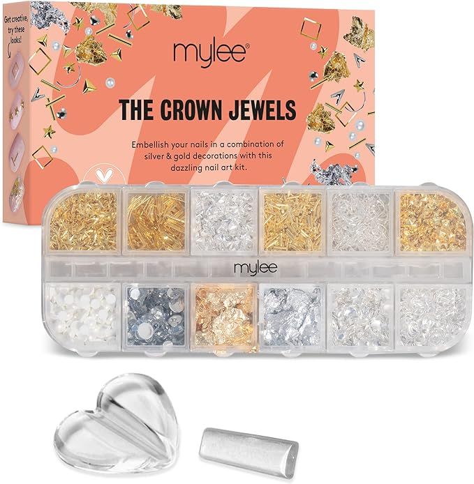 Mylee Crown Jewels Nail Art Kit, 12-Piece Set with Silver & Gold Decorations, Metal Rhinestones S... | Amazon (UK)