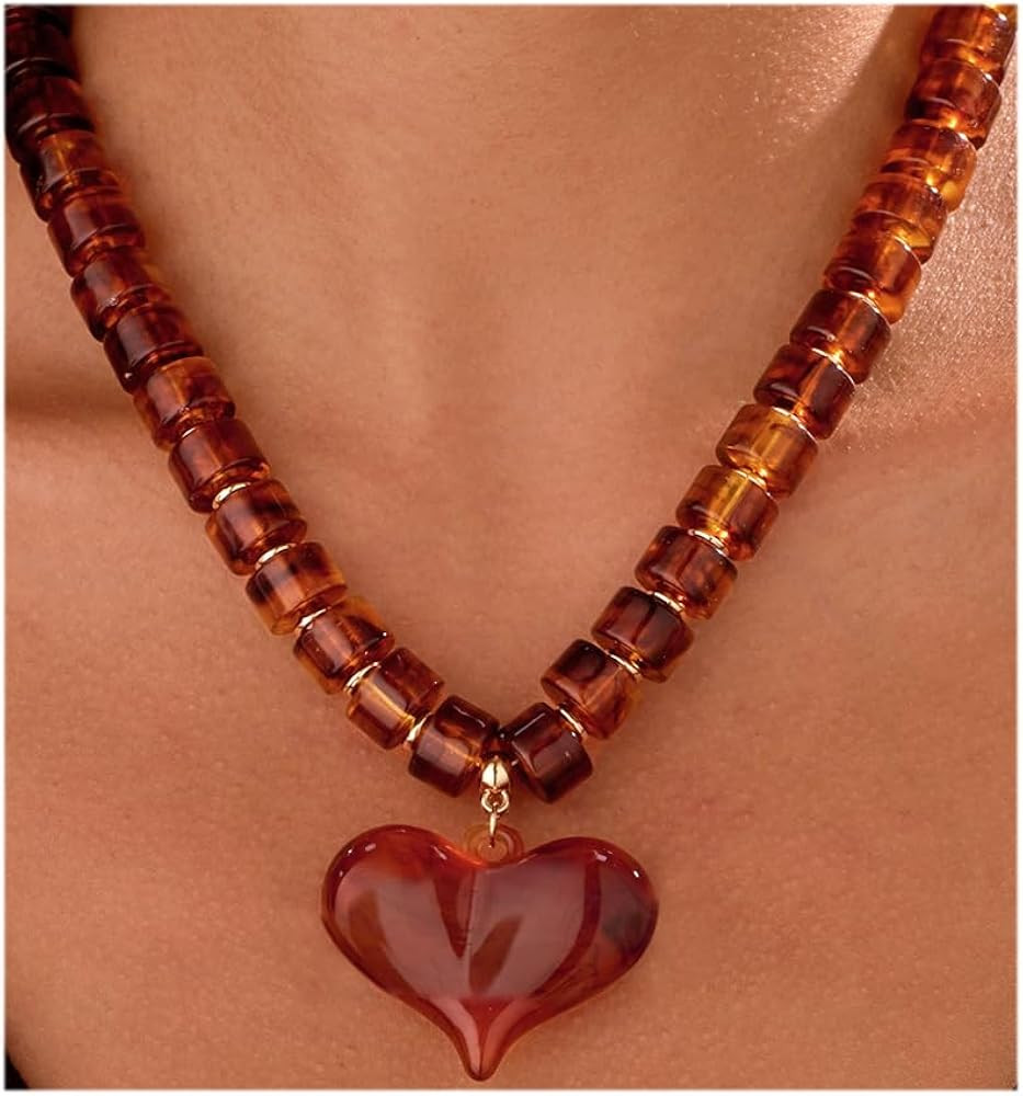 Amber Acrylic Chunky Heart Penadnt Necklace for Women Exaggerated Statement Puff Heart Choker Nec... | Amazon (US)