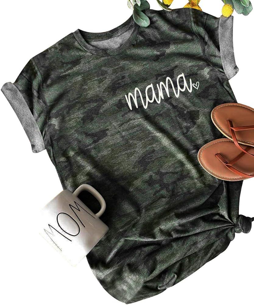 Mothers Day Camouflage Shirt Women Funny Short Sleeve Idea for Mother Wife Her Tee Tops | Amazon (US)