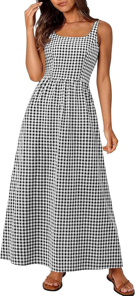 PRETTYGARDEN Women's 2025 Summer Spaghetti Strap Maxi Dresses Plaid Square Neck A Line Casual Bea... | Amazon (US)