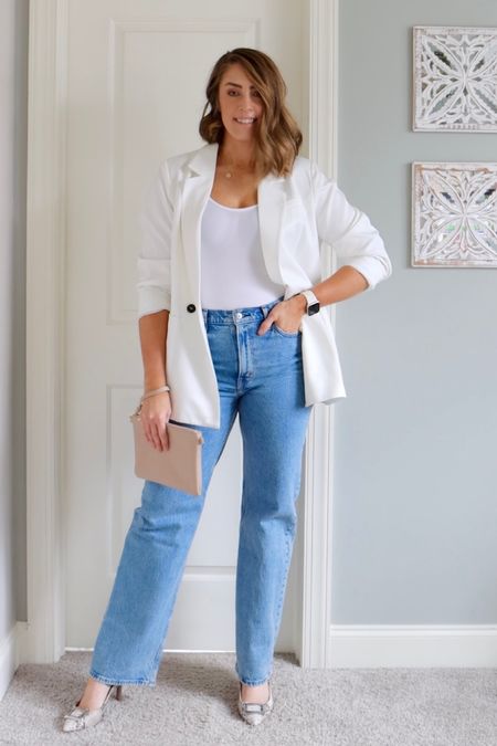 Check out this lighter professional and casual outfit for work or play!

White blazer, oversized blazer, white bodysuit, Apple Watch, Abercrombie denim, Abercrombie jeans, Spring trends, new denim, work outfit, snake skin heels, wristlet, pointed toe heels, tall women fashion, tall girl fashion, tall jeans for women, spring outfit ideaas

Blazer - large
Bodysuit - medium 
Denim - 29 long
Shoes - 11

#LTKSeasonal #LTKmidsize #LTKstyletip