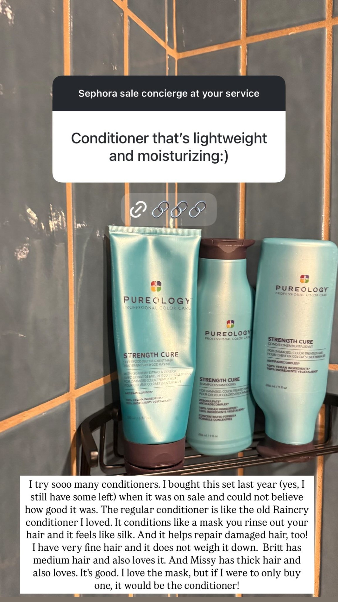 I try sooo many conditioners. I bought this set last year (yes, I still have some left) when it was on sale and could not believe how good it was. The regular conditioner is like the old Raincry conditioner I loved. It conditions like a mask you rinse out your hair and it feels like silk. And it helps repair damaged hair, too! I have very fine hair and it does not weigh it down.  Britt has medium hair and also loves it. And Missy has thick hair and also loves. It's good. I love the mask, but if I were to only buy one, it would be the conditioner!

#LTKSaleAlert #LTKBeauty