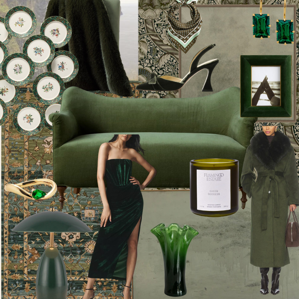 g o i n g  g r e e n

This month’s edit pulls together a beautifully layered mix of emerald across interiors, fashion, and little luxe moments at home. A deep green velvet sofa sets the tone—plush, warm, and instantly grounding. Patterned wallpaper and vintage-inspired rugs bring in those cooler blue undertones for a more collected, European feel. The sculptural green glass vase and moody table lamp show how emerald moves effortlessly into décor without feeling heavy.

On the fashion side, an emerald velvet dress and a tailored winter coat make the color feel sophisticated and wearable, while jewelry, framed art, and tabletop pieces bring subtle hits of green into everyday life. It’s a palette that works whether you’re hosting, dressing up, or simply adding a bit of richness to the corners of your home. 

 #LTKGiftGuide #LTKHoliday #LTKSeasonal