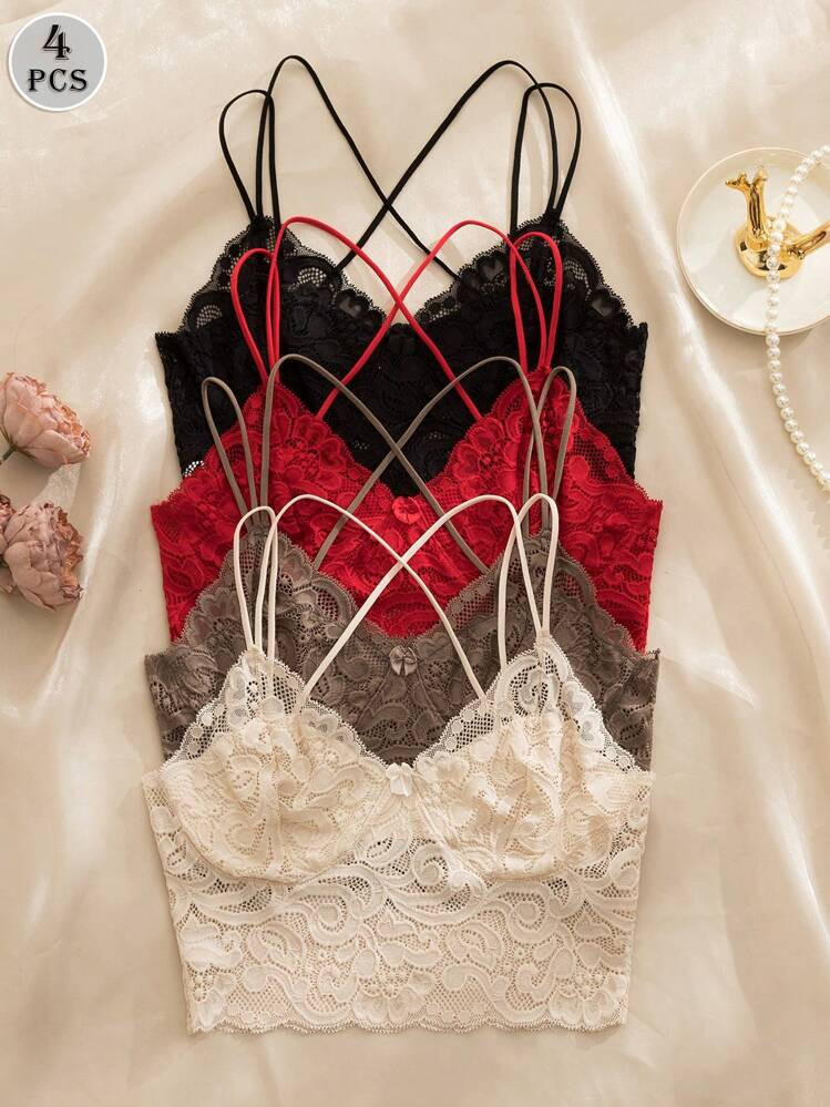 4pcs/Set Multicolor Sexy Women Lace Bra With Bow Decor, Criss-Cross Strap, No Padding & Underwire Lingerie Bowknot | SHEIN
