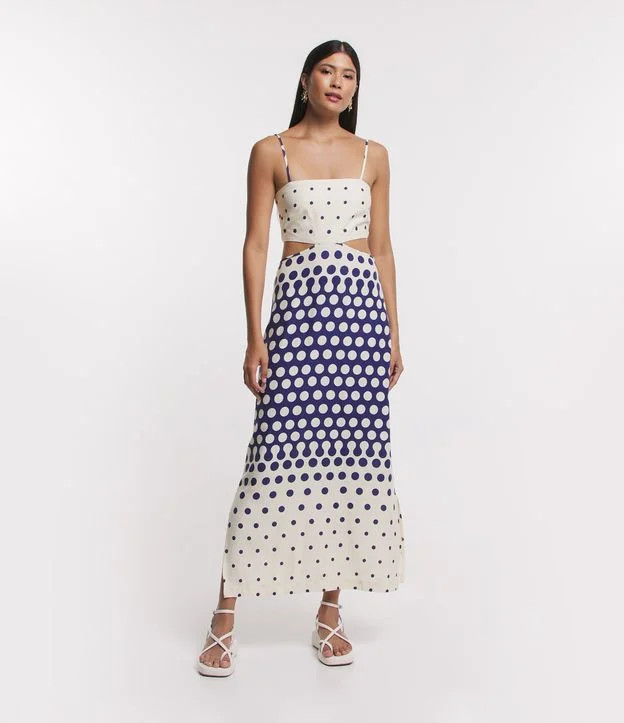 Vestido Longo de Alça em Linho Poá com Abertura e Lastex Off White/Azul | Renner (BR)