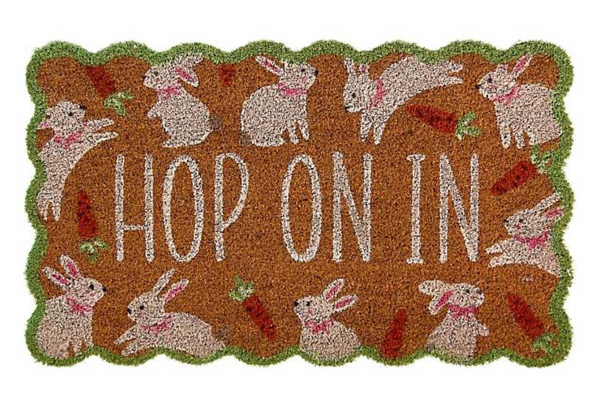 Welcome springtime cheer with this adorable Hop on In Scalloped Coir Doormat! Featuring playful white bunnies, bright orange carrots, and a fresh green scalloped border, this doormat is the perfect way to greet guests during the Easter season.

#LTKSeasonal #LTKSaleAlert #LTKHome