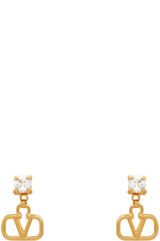 Gold Valentino Garavani Crystal VLogo Pendant Earrings | SSENSE