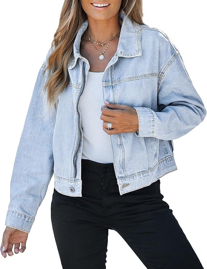 luvamia Oversized Jean Jacket Women Cropped Zip Up Denim Jackets Lightweight Trucker Shacket with... | Amazon (US)