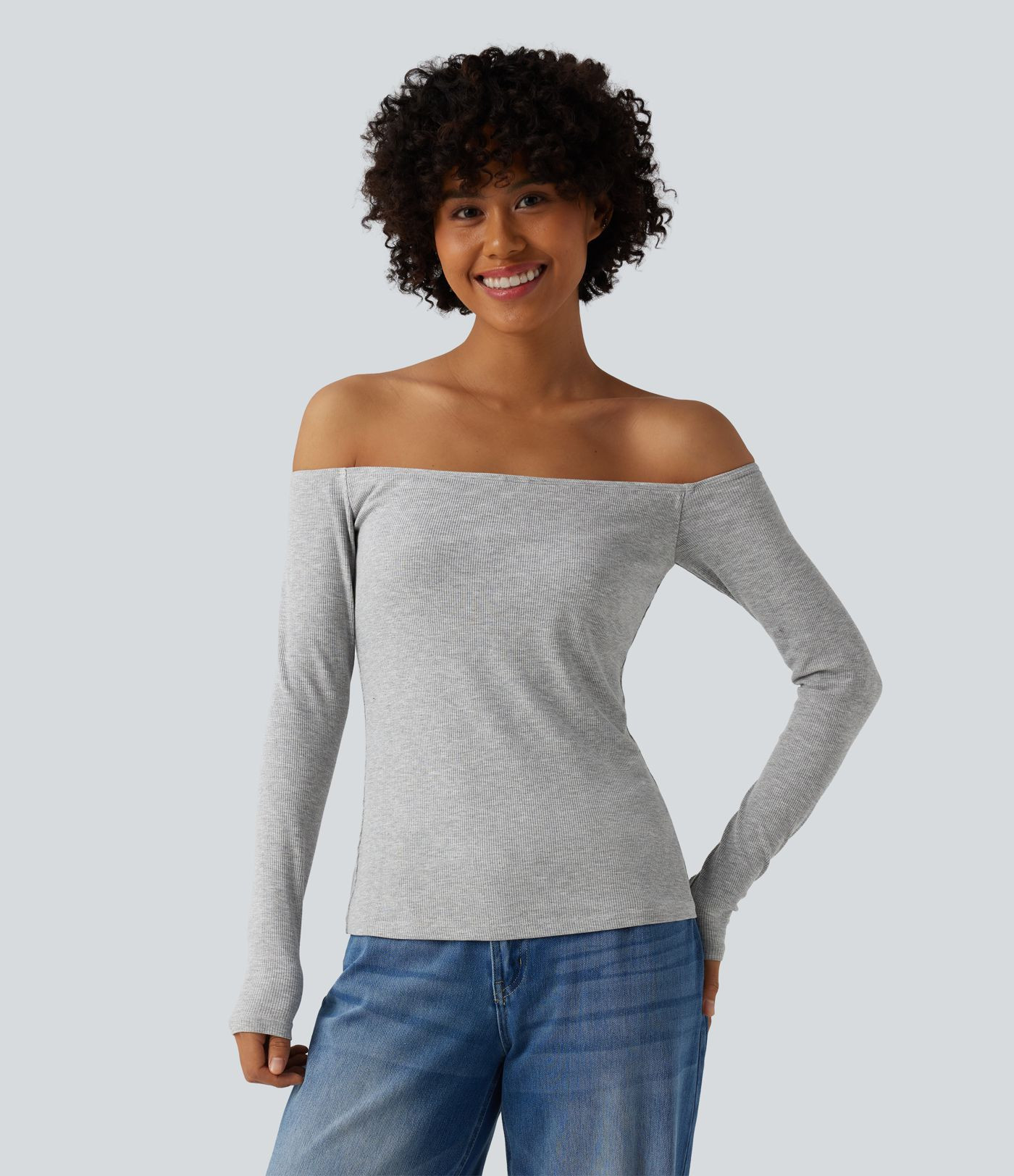 Women’s Ribbed Knit Off Shoulder Long Sleeve 2-in-1 Casual Top - Halara | HALARA
