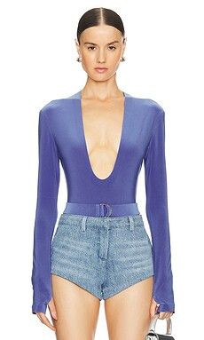 Norma Kamali Long Sleeve Deep U Neck Bodysuit in Military Blue from Revolve.com | Revolve Clothing (Global)
