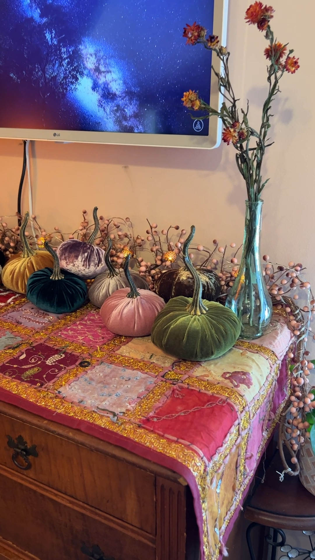 Autumn decor.. but make it cute and feminine! Velvet pumpkins and pink autumn garland. The chic velvet pumpkins are on sale 20% off! 

#LTKSeasonal #LTKhome #LTKsalealert