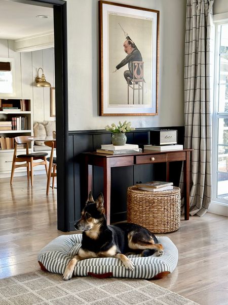 Side table, plaid rug, area rug, plaid curtains, drapes, storage ottoman, art, dining chairs, sconces, dog bed

#LTKhome